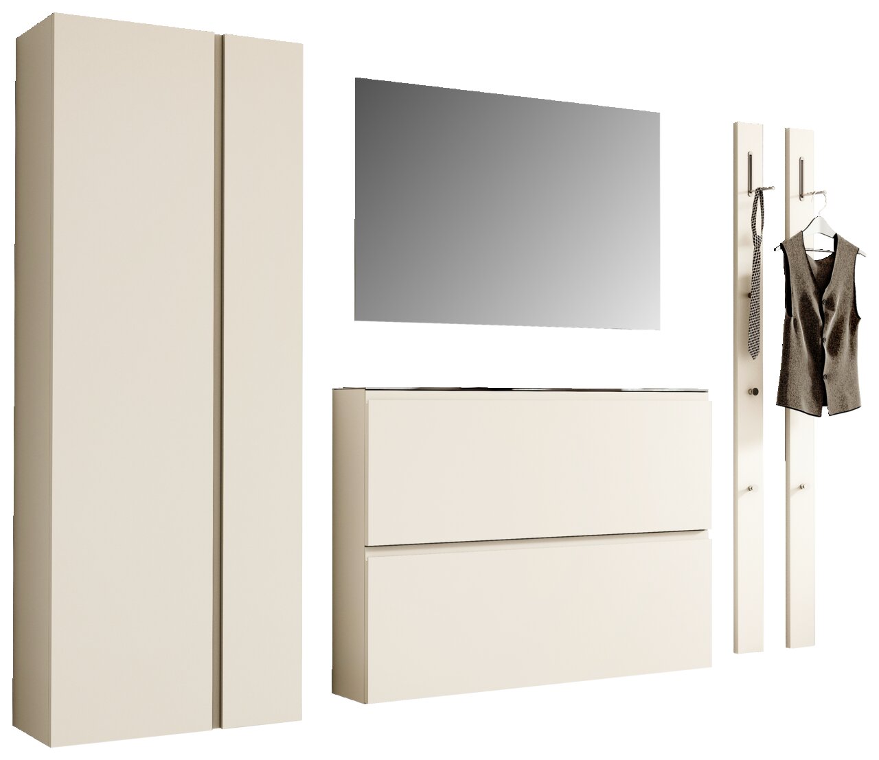 Moderano Garderoben-Set LECCO Garderobenset 220cm in cremefarbenem Design, bestehend aus einem hohen Schrank, einem Spiegel, einer Kommode und zwei Wandpaneelen mit Haken, frontal abgebildet.