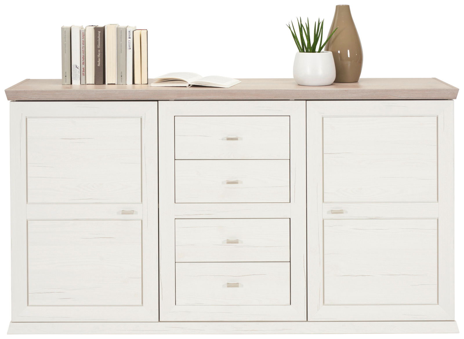 Frontale Ansicht des Hom'in Sideboards CAMRON mit zwei Türen, vier Schubladen, dekoriert mit Büchern, einer Pflanze und einer Vase.