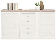 Frontale Ansicht des Hom'in Sideboards CAMRON mit zwei Türen, vier Schubladen, dekoriert mit Büchern, einer Pflanze und einer Vase.