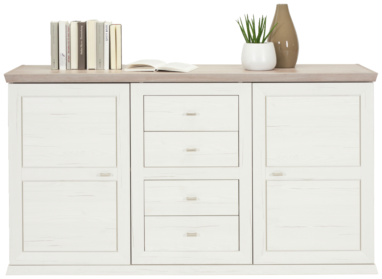 Frontale Ansicht des Hom'in Sideboards CAMRON mit zwei Türen, vier Schubladen, dekoriert mit Büchern, einer Pflanze und einer Vase.