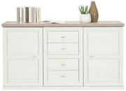 Frontale Ansicht des Hom'in Sideboards CAMRON mit zwei Türen, vier Schubladen, dekoriert mit Büchern, einer Pflanze und einer Vase.