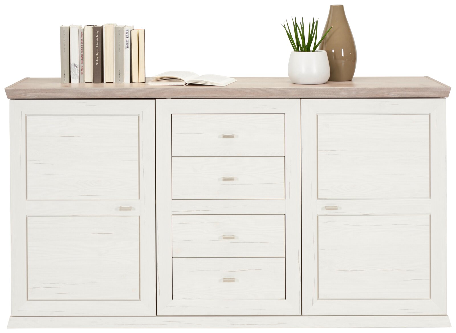 Frontale Ansicht des Hom'in Sideboards CAMRON mit zwei Türen, vier Schubladen, dekoriert mit Büchern, einer Pflanze und einer Vase.