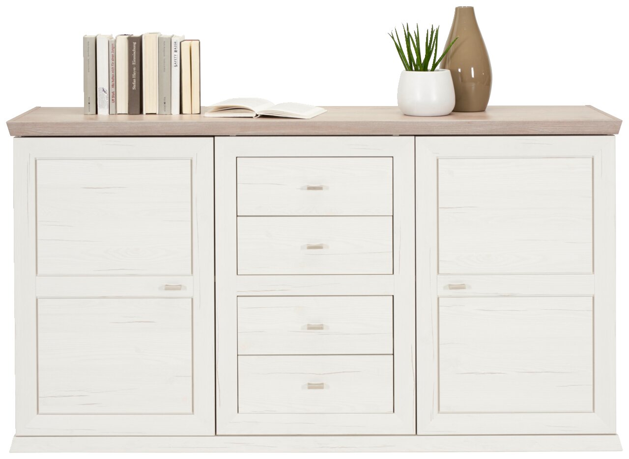 Frontale Ansicht des Hom'in Sideboards CAMRON mit zwei Türen, vier Schubladen, dekoriert mit Büchern, einer Pflanze und einer Vase.