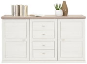 Frontale Ansicht des Hom'in Sideboards CAMRON mit zwei Türen, vier Schubladen, dekoriert mit Büchern, einer Pflanze und einer Vase.