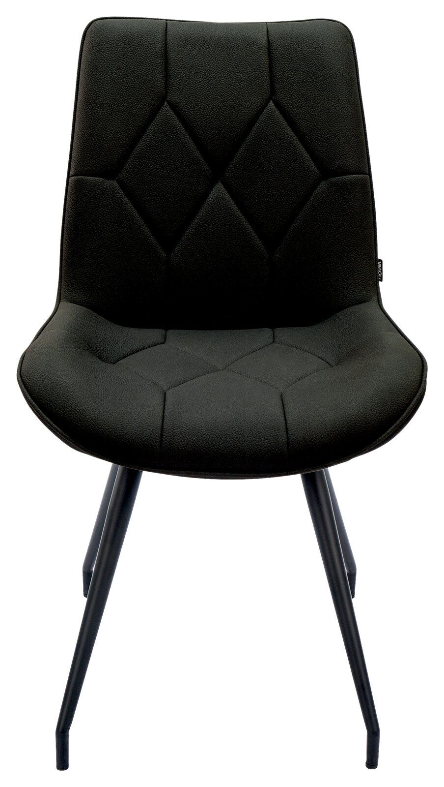 Moderner schwarzer Stuhl mit gepolsterter Sitzfläche und Rückenlehne, Vorderansicht