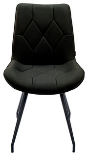 Moderner schwarzer Stuhl mit gepolsterter Sitzfläche und Rückenlehne, Vorderansicht