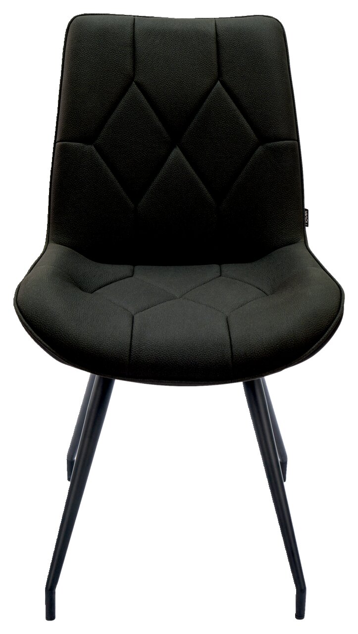 Moderner schwarzer Stuhl mit gepolsterter Sitzfläche und Rückenlehne, Vorderansicht