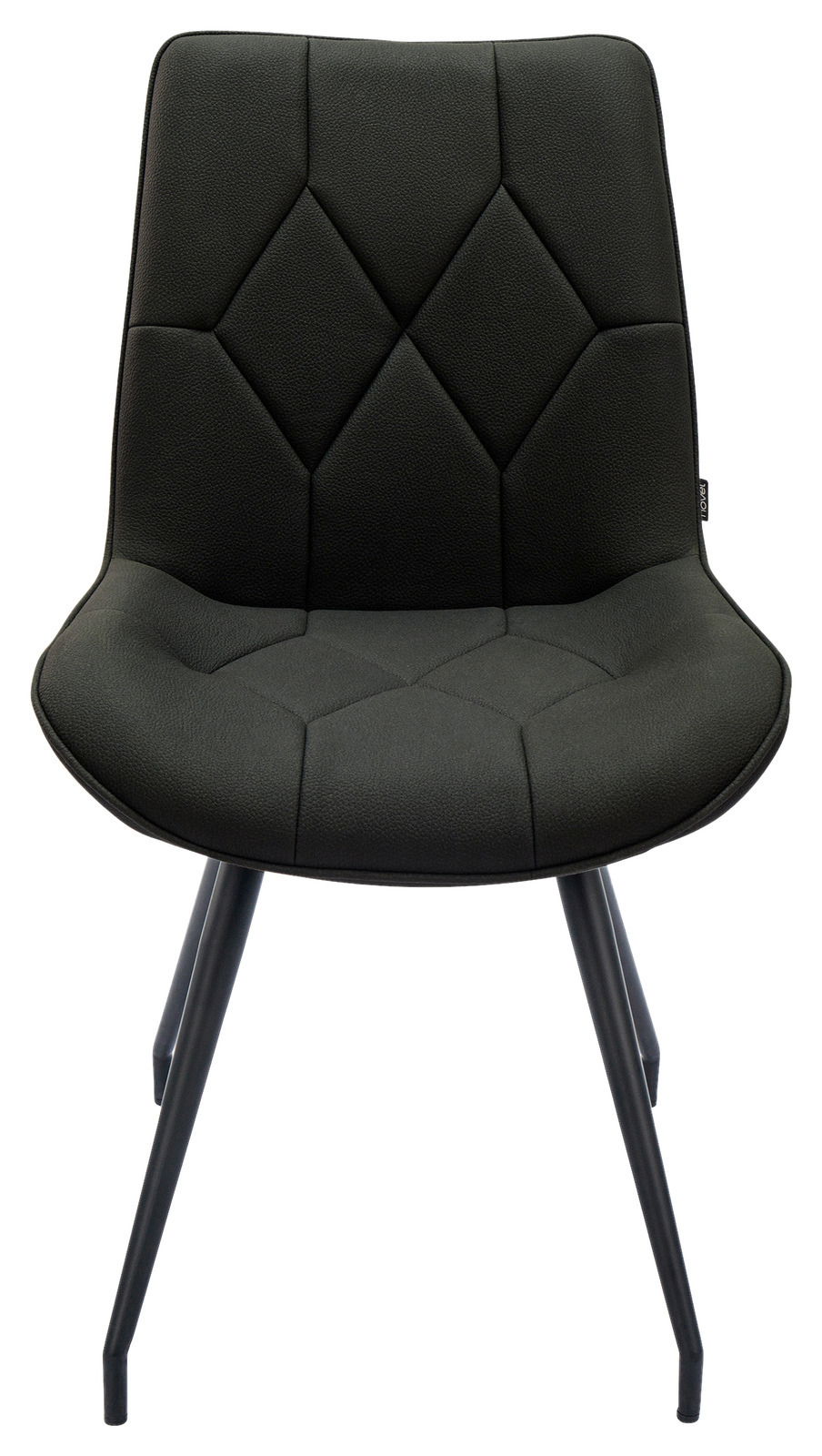 Moderner schwarzer Stuhl mit gepolsterter Sitzfläche und Rückenlehne, Vorderansicht