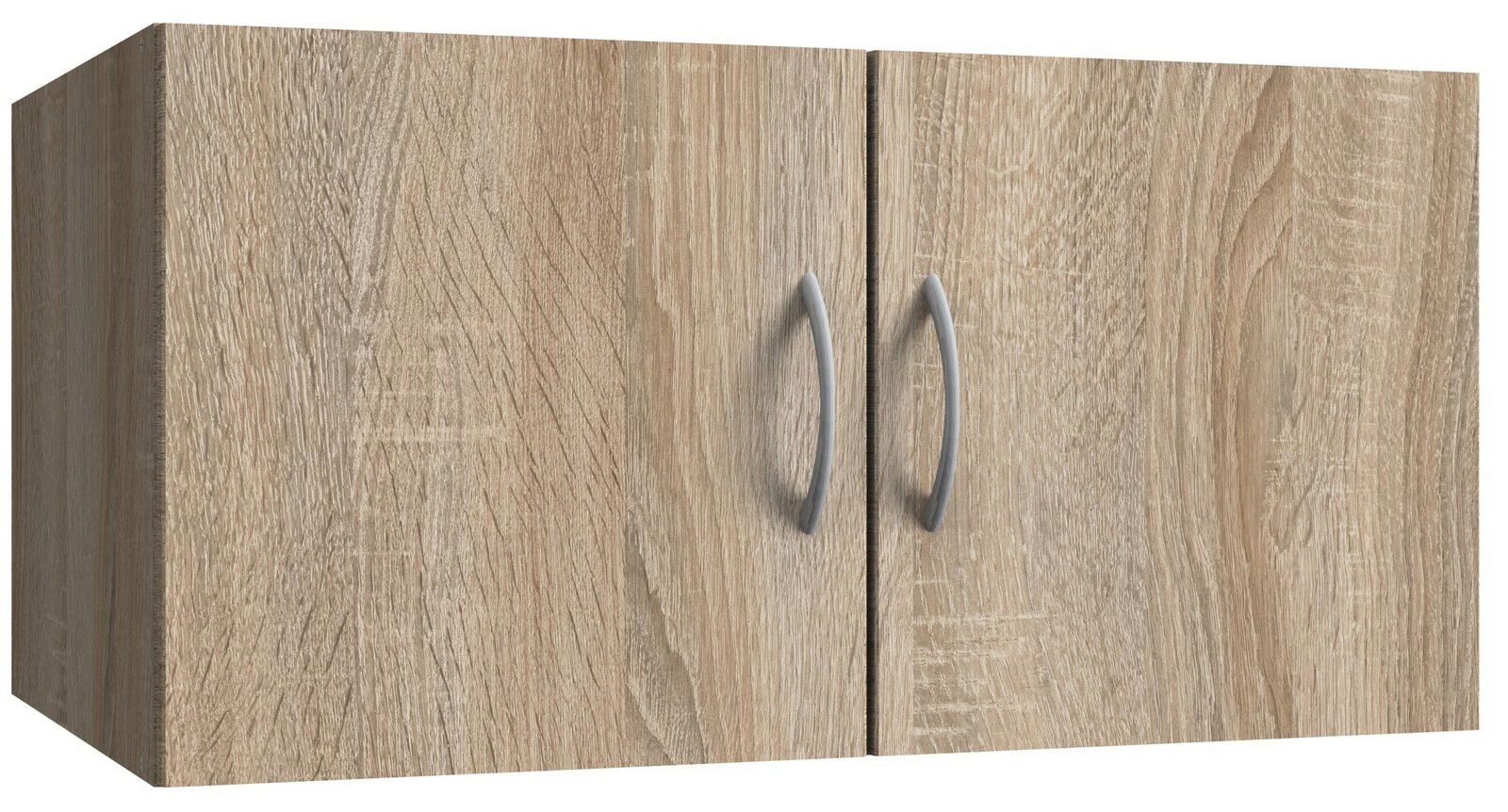 Holzfarbener Wandschrank mit zwei Türen und silbernen Griffen, seitliche Perspektive
