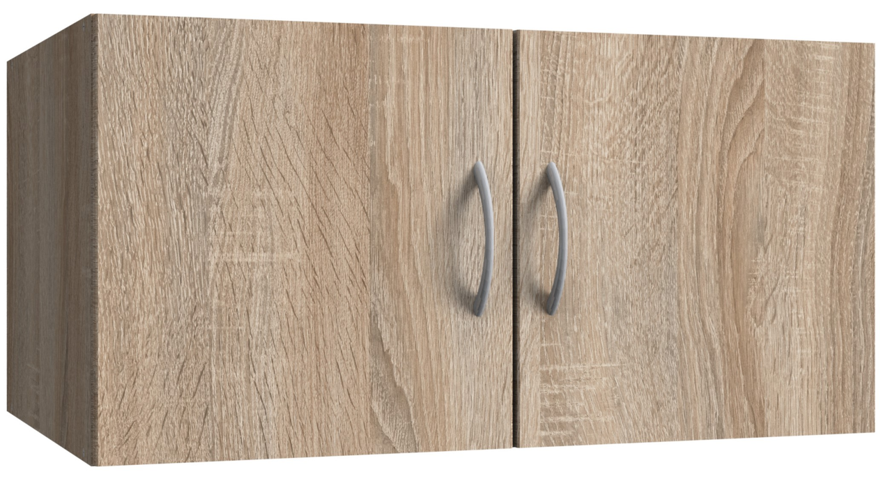 XORA Aufsatz T40 MULTIRAUMKONZEPT Holzfarbener Wandschrank mit zwei Türen und silbernen Griffen, seitliche Perspektive