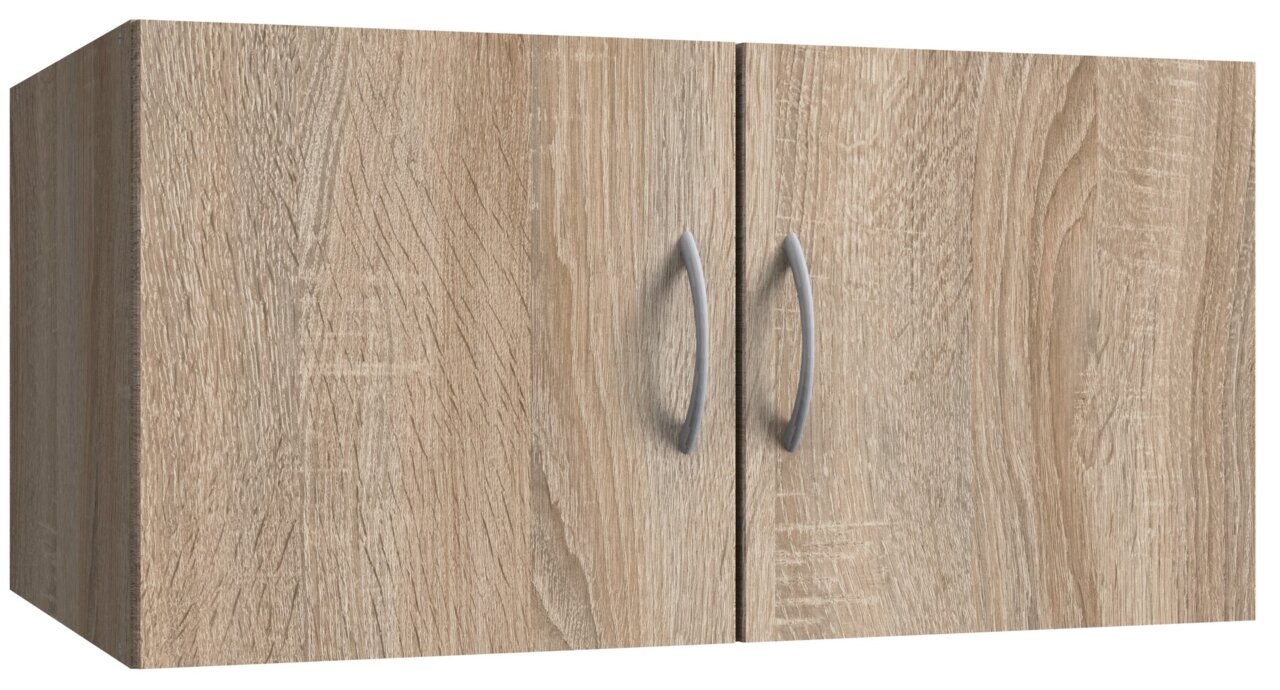Holzfarbener Wandschrank mit zwei Türen und silbernen Griffen, seitliche Perspektive