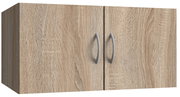 Holzfarbener Wandschrank mit zwei Türen und silbernen Griffen, seitliche Perspektive