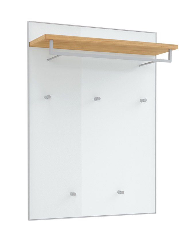 Moderne Wandgarderobe aus Glas mit Holzablage und Metallhaken, schräg von vorn in leichter Seitenansicht fotografiert.