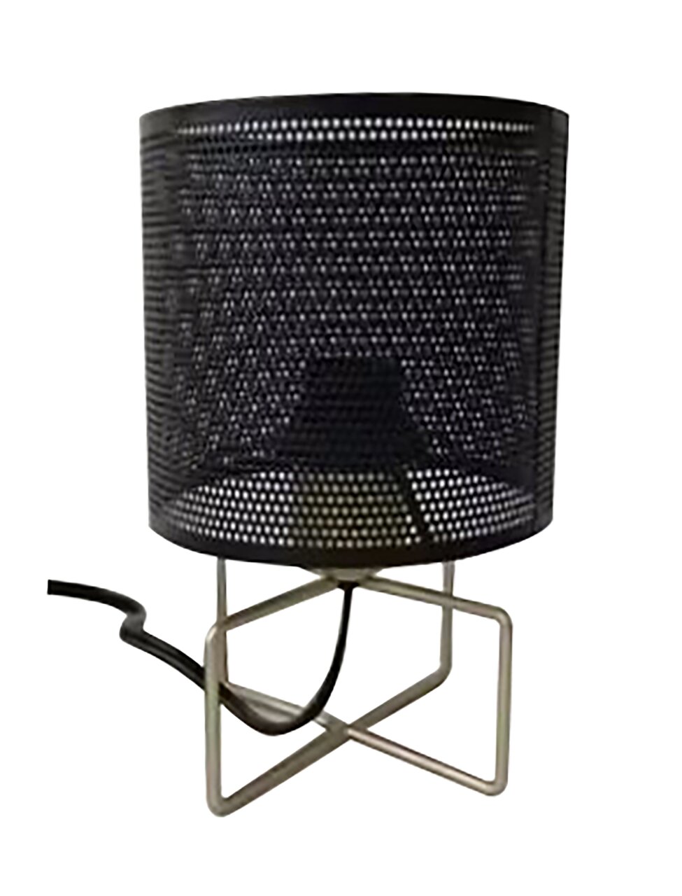 BOXXX Tischleuchte LINCOLN Moderne Tischleuchte mit schwarzem, perforiertem Lampenschirm und silbernem Metallgestell, seitliche Perspektive