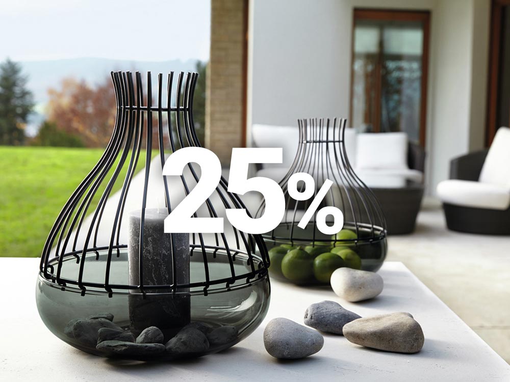 Zwei elegante Kerzenhalter mit schwarzem Drahtdesign und Glassockel, mit einem „25%“-Rabatttext im Vordergrund.