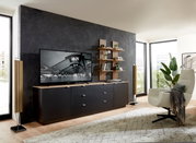 Modernes Wohnzimmer mit einem eleganten Wandpaneel, das als Hintergrund für ein TV-Gerät und ein Regal mit Dekorationen dient. Perspektive von vorne.