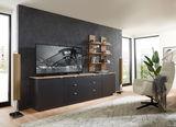 Modernes Wohnzimmer mit einem eleganten Wandpaneel, das als Hintergrund für ein TV-Gerät und ein Regal mit Dekorationen dient. Perspektive von vorne.