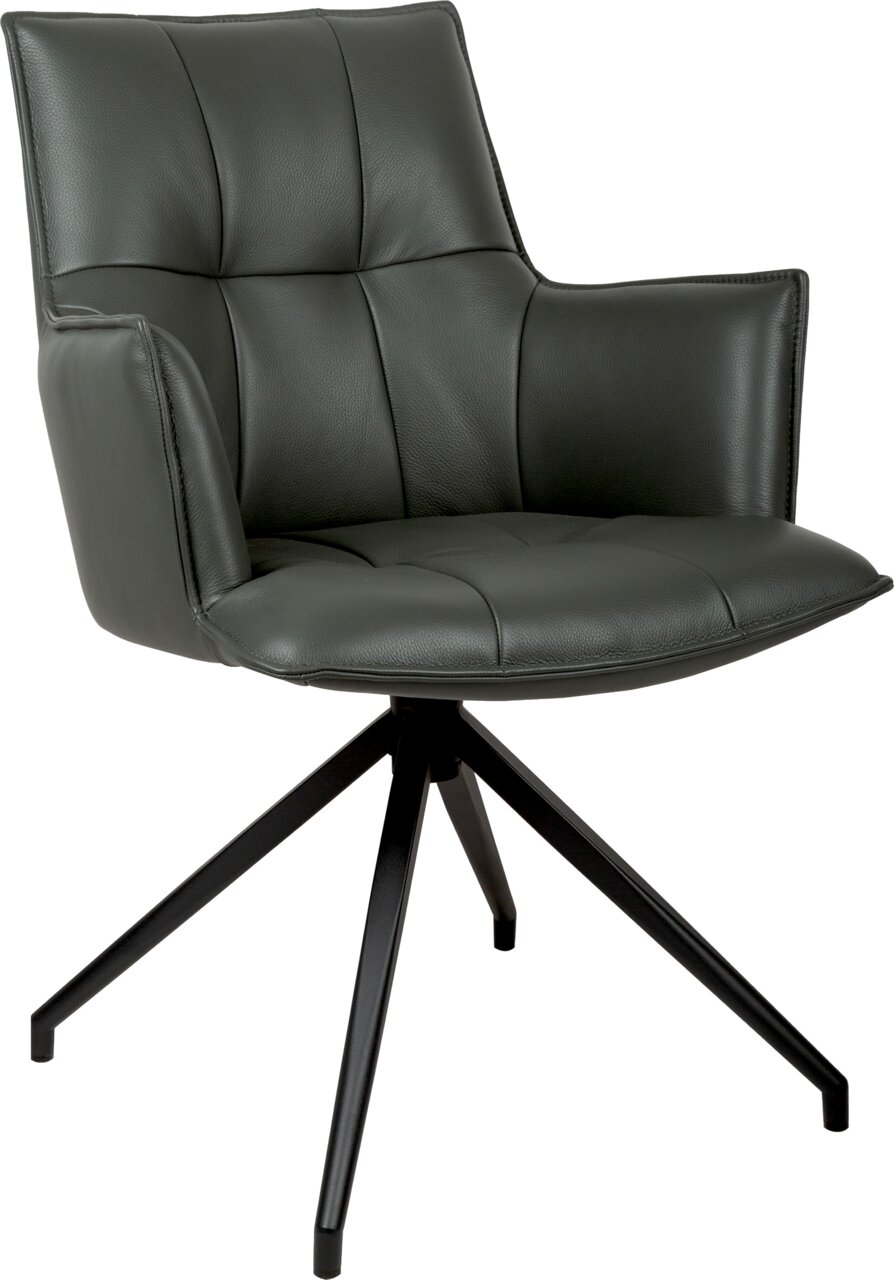 Gepolsterter Drehstuhl mit Armlehnen in Dunkelgrau, Lederoptik mit Steppnähten und schwarzem Metall-Sternfuß, freigestellt auf weißem Hintergrund, Ansicht schräg von vorne