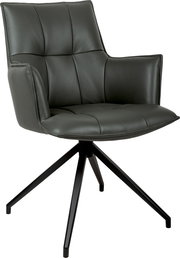 Gepolsterter Drehstuhl mit Armlehnen in Dunkelgrau, Lederoptik mit Steppnähten und schwarzem Metall-Sternfuß, freigestellt auf weißem Hintergrund, Ansicht schräg von vorne