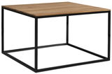Moderner Beistelltisch mit Holzplatte und schwarzem Metallgestell, seitliche Perspektive