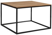 Moderner Beistelltisch mit Holzplatte und schwarzem Metallgestell, seitliche Perspektive