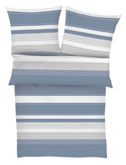 Bettwäsche-Set mit blau-weiß-grau gestreiftem Muster, bestehend aus Deckenbezug und zwei Kissenbezügen, frontal in Draufsicht dargestellt