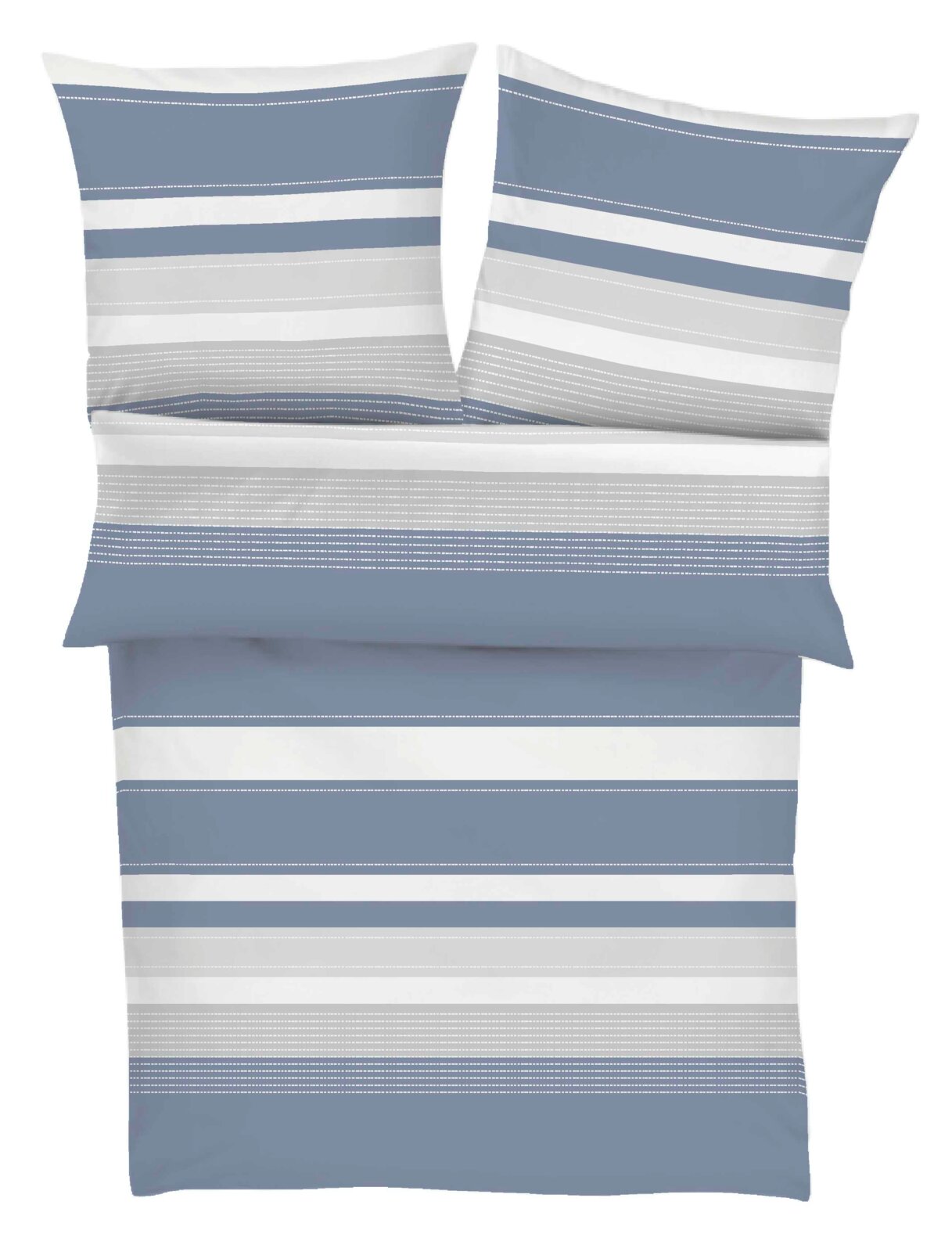 Bettwäsche-Set mit blau-weiß-grau gestreiftem Muster, bestehend aus Deckenbezug und zwei Kissenbezügen, frontal in Draufsicht dargestellt