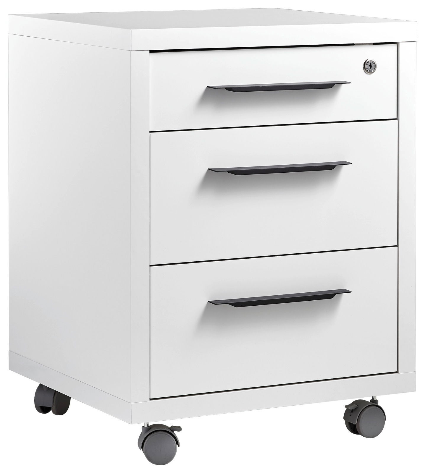 XORA Rollcontainer DIVINO Weißer Rollcontainer mit drei Schubladen und schwarzen Griffen, seitliche Perspektive