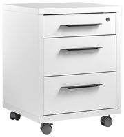 Weißer Rollcontainer mit drei Schubladen und schwarzen Griffen, seitliche Perspektive