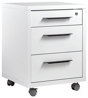 Weißer Rollcontainer mit drei Schubladen und schwarzen Griffen, seitliche Perspektive