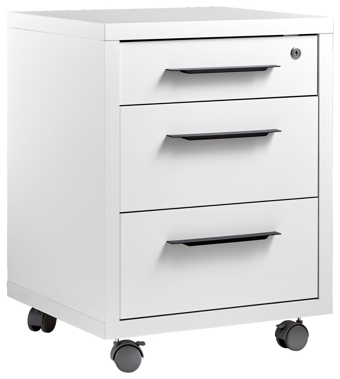 XORA Rollcontainer DIVINO Weißer Rollcontainer mit drei Schubladen und schwarzen Griffen, seitliche Perspektive