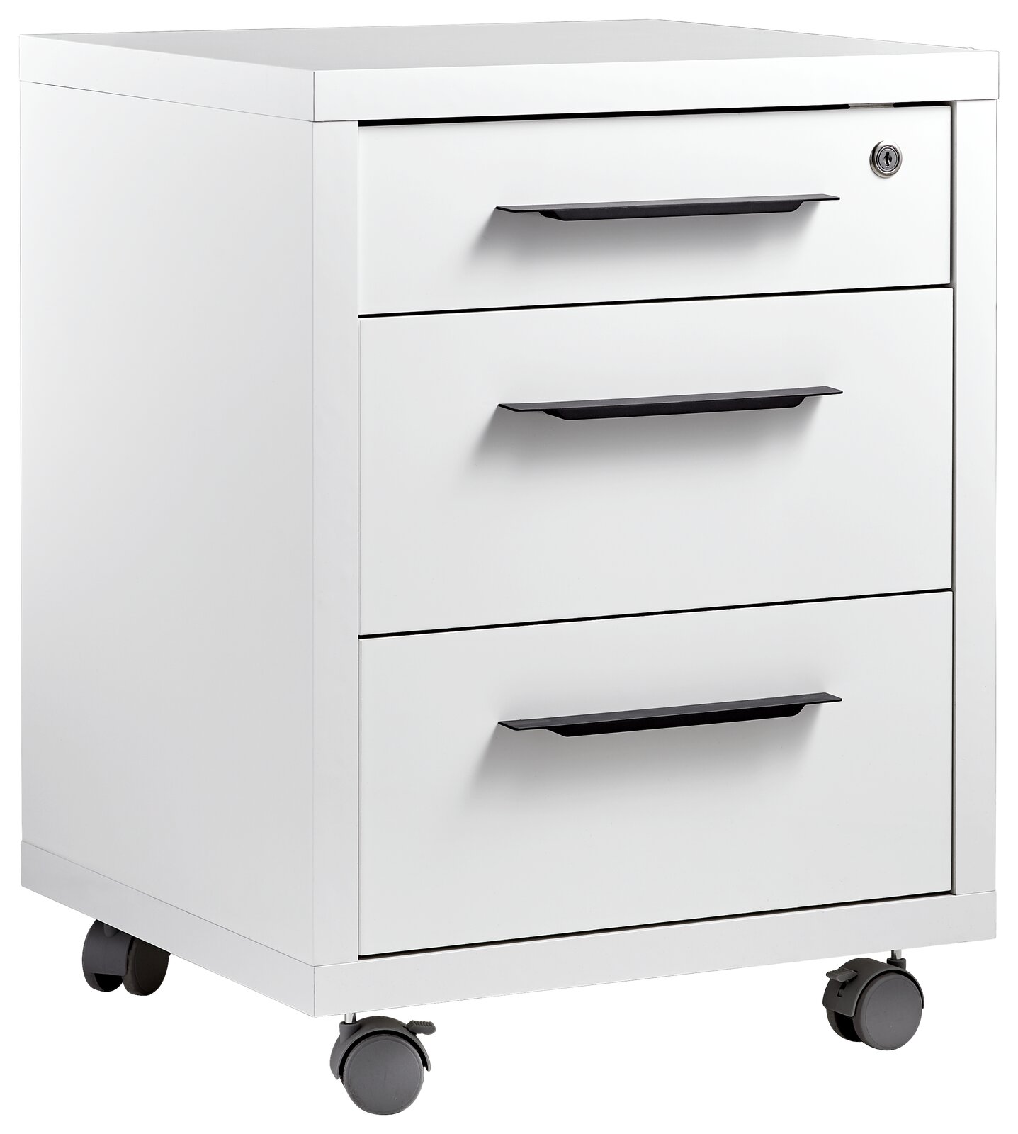 XORA Rollcontainer DIVINO Weißer Rollcontainer mit drei Schubladen und schwarzen Griffen, seitliche Perspektive