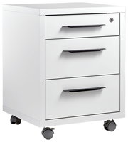 Weißer Rollcontainer mit drei Schubladen und schwarzen Griffen, seitliche Perspektive