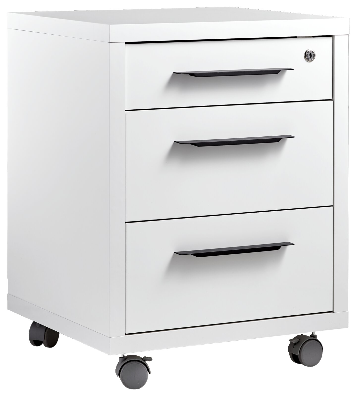 XORA Rollcontainer DIVINO Weißer Rollcontainer mit drei Schubladen und schwarzen Griffen, seitliche Perspektive