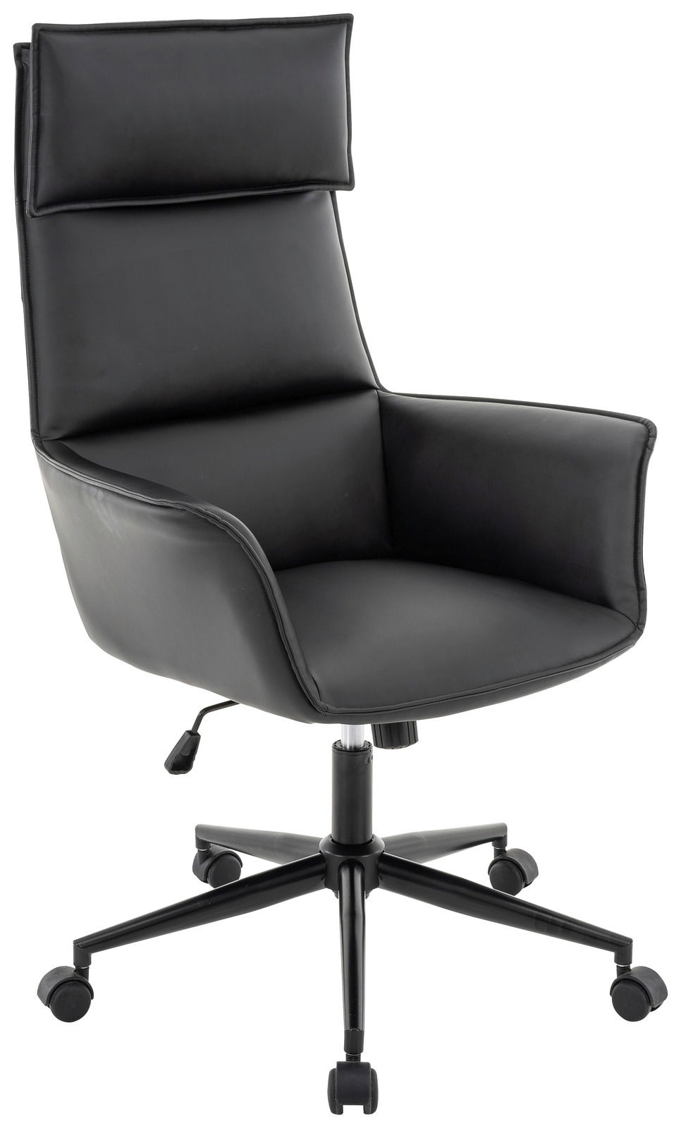 Schwarzer Chefsessel mit hoher Rückenlehne und Armlehnen, seitliche Perspektive