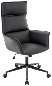 Schwarzer Chefsessel mit hoher Rückenlehne und Armlehnen, seitliche Perspektive