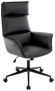Schwarzer Chefsessel mit hoher Rückenlehne und Armlehnen, seitliche Perspektive