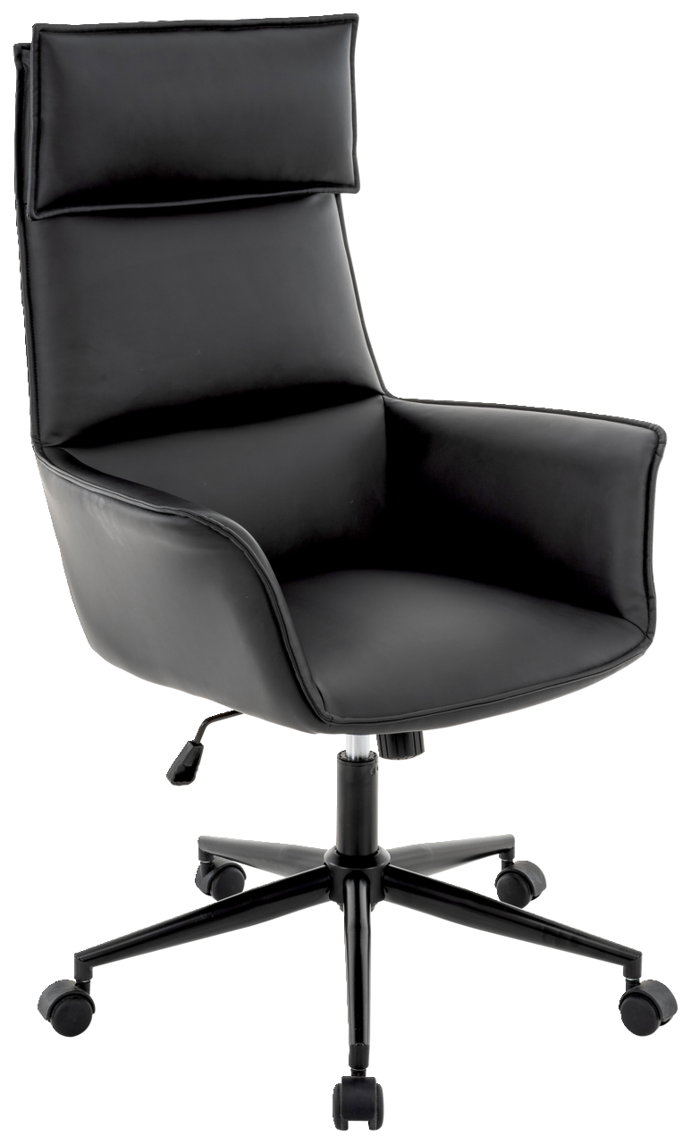 Schwarzer Chefsessel mit hoher Rückenlehne und Armlehnen, seitliche Perspektive
