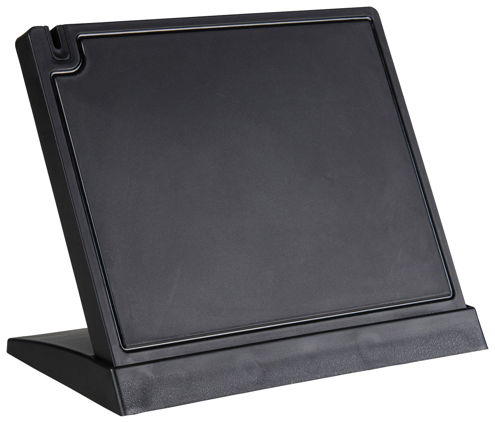 Schwarzer Messerblock aus Kunststoff, seitliche Perspektive