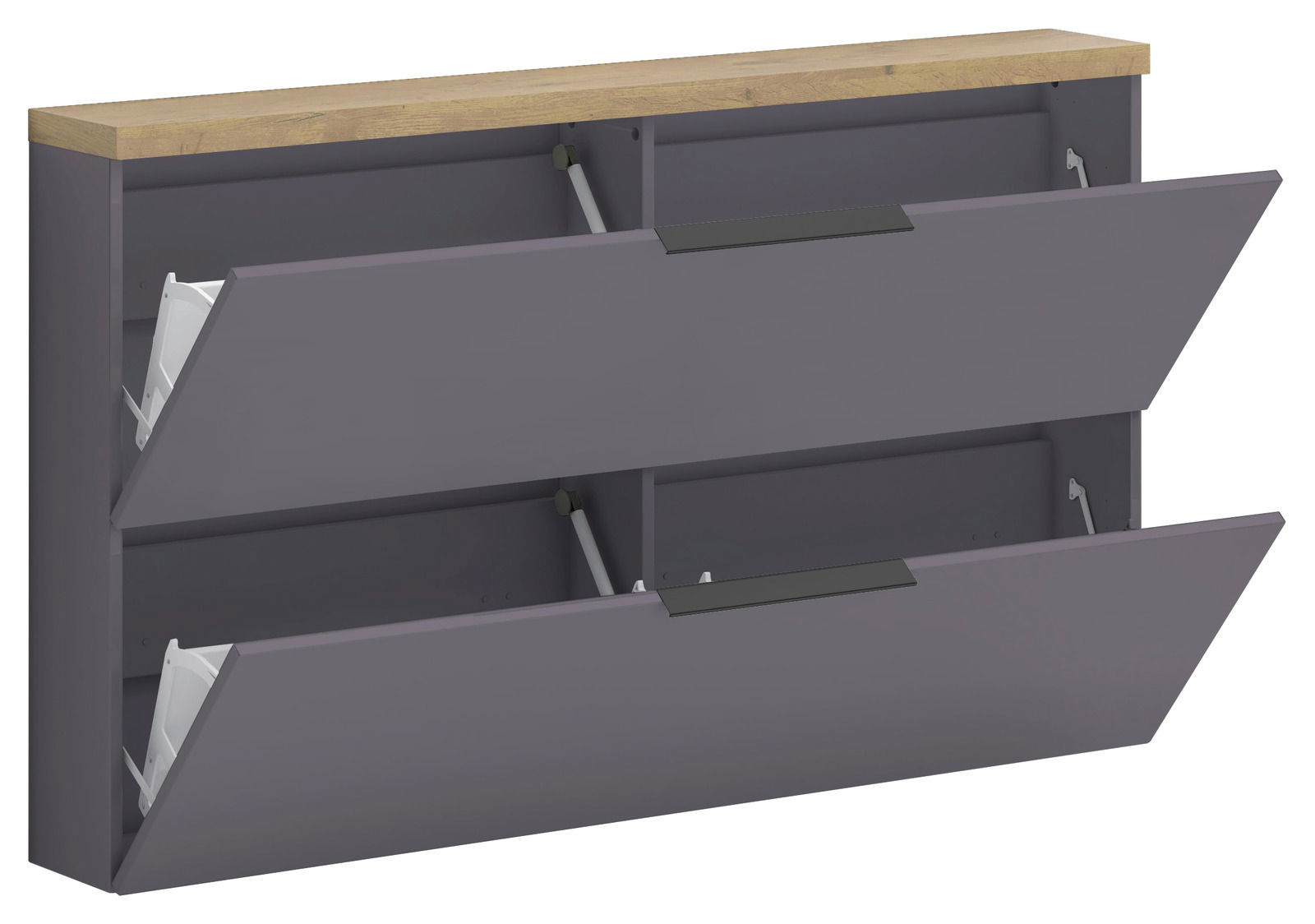 Hängeschuhschrank mit zwei aufklappbaren Fächern, graue Front und Holzoberfläche, seitliche Perspektive