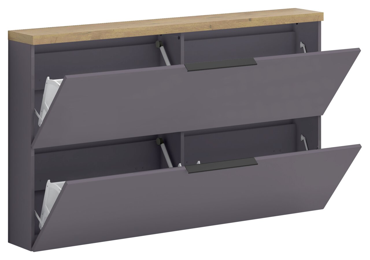 Hängeschuhschrank mit zwei aufklappbaren Fächern, graue Front und Holzoberfläche, seitliche Perspektive