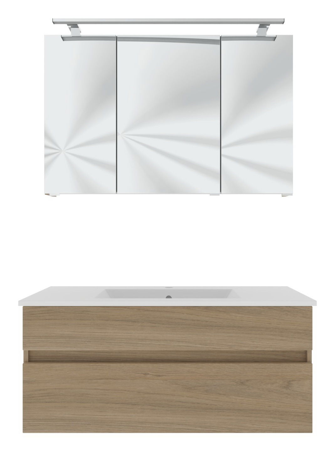 Frontale Ansicht eines modernen Badblocks mit einem Spiegelschrank und einem Waschbeckenunterschrank in Holzoptik.