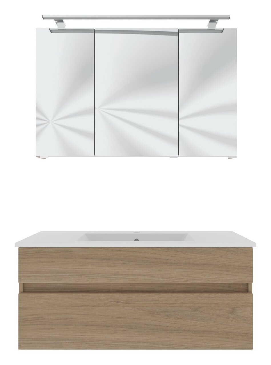 Vooraanzicht van een moderne badkamermeubelcombinatie met een spiegelkast en een wastafelonderkast in houtlook.