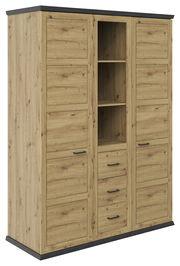 Drehtürenschrank BENTON in Holzoptik mit zwei Türen und offenen Regalfächern, seitliche Perspektive