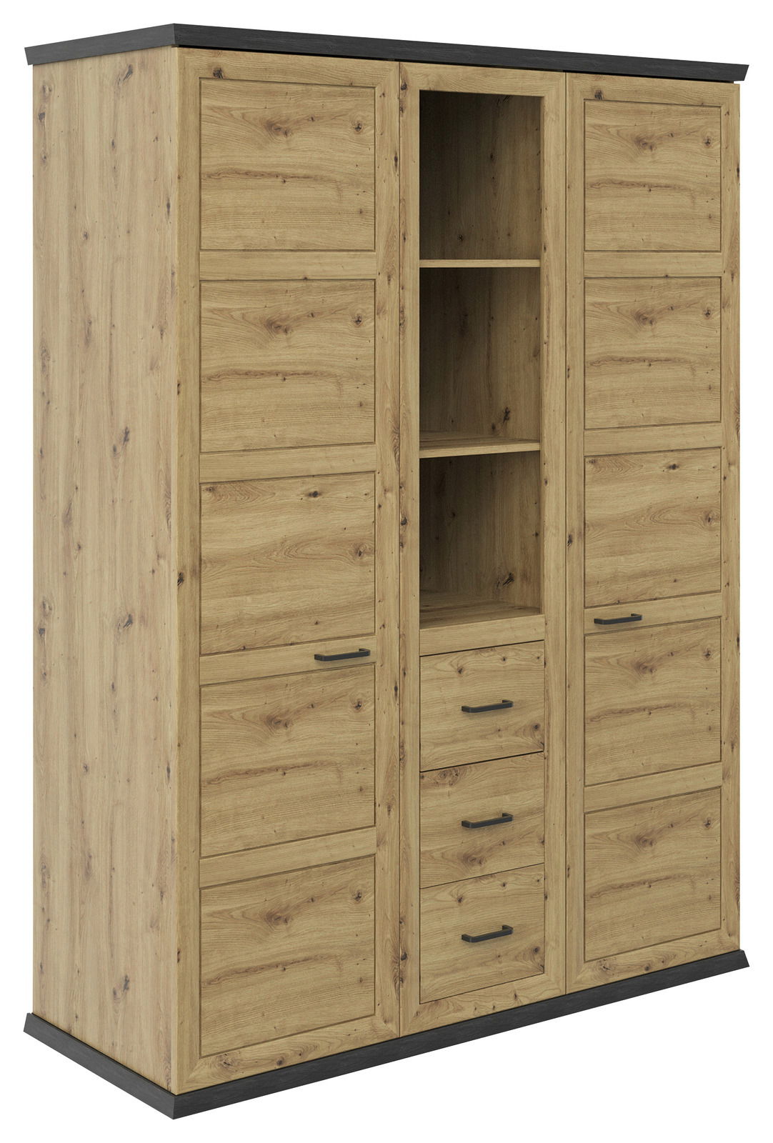 Hom´in Drehtürenschrank 2-türig BENTON Drehtürenschrank BENTON in Holzoptik mit zwei Türen und offenen Regalfächern, seitliche Perspektive