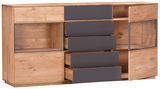 Sideboard aus Holz mit zwei Türen und mehreren Schubladen, teilweise geöffnet, in Frontalansicht.