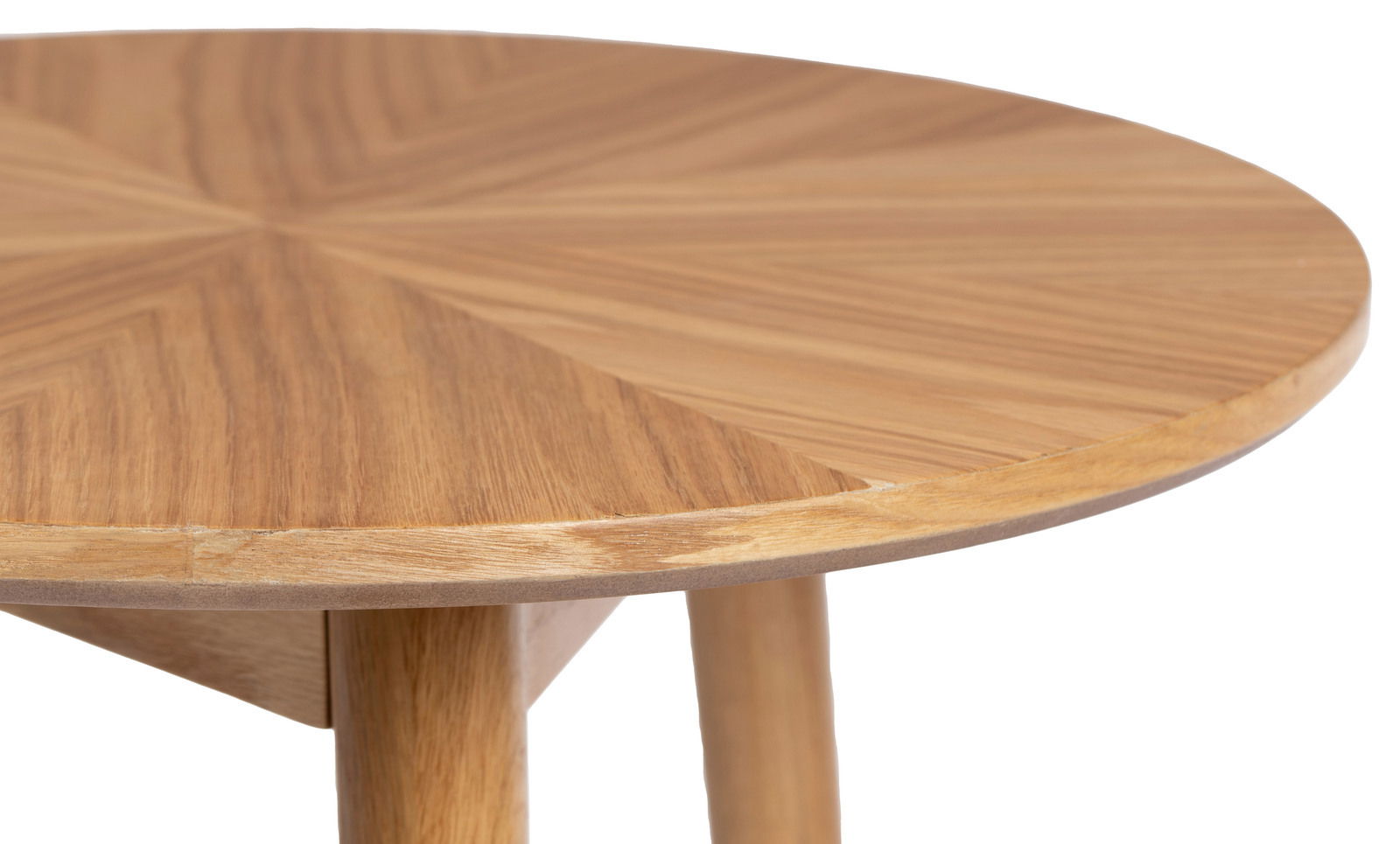 Nahaufnahme eines runden Beistelltisches aus Holz mit sichtbarer Maserung, von oben betrachtet.