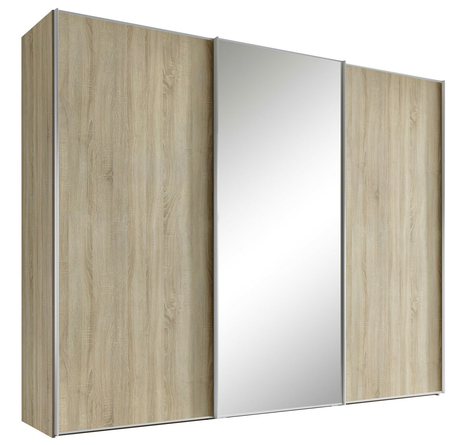 Schwebetürenschrank mit Holzoptik und mittlerer Spiegeltür, seitliche Perspektive