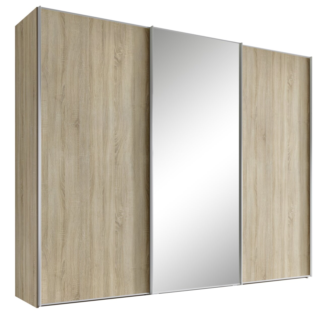 Schwebetürenschrank mit Holzoptik und mittlerer Spiegeltür, seitliche Perspektive