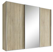 Schwebetürenschrank mit Holzoptik und mittlerer Spiegeltür, seitliche Perspektive